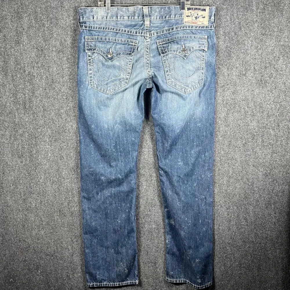 True Religion Straight Leg Jeans Mens 40 Blue Contrast Stitch‎ Medium Wash Denim